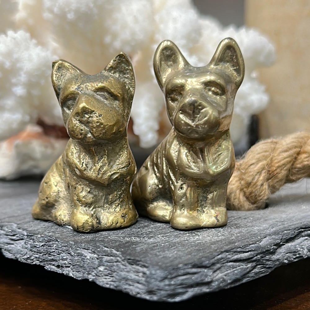 Vintage heavy solid brass Westie Corgie dog figurine decorSet of 2